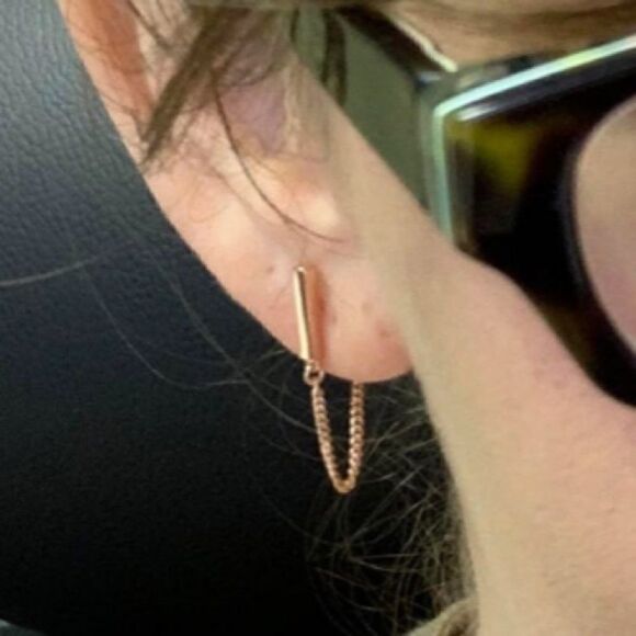 14k Gold/ Sterling Silver Cuban Chain Bar Earrings - Picture 7 of 15